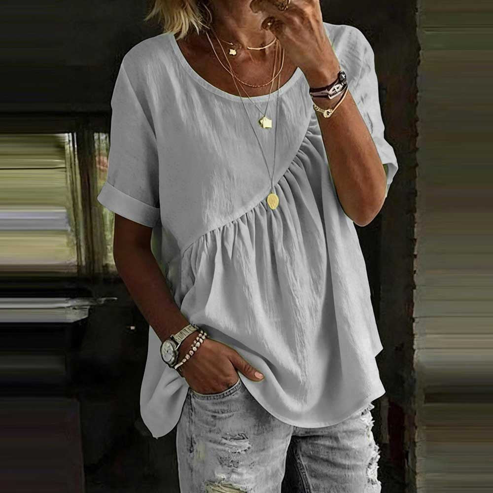 White Linen-Blend Gathered Peplum Top