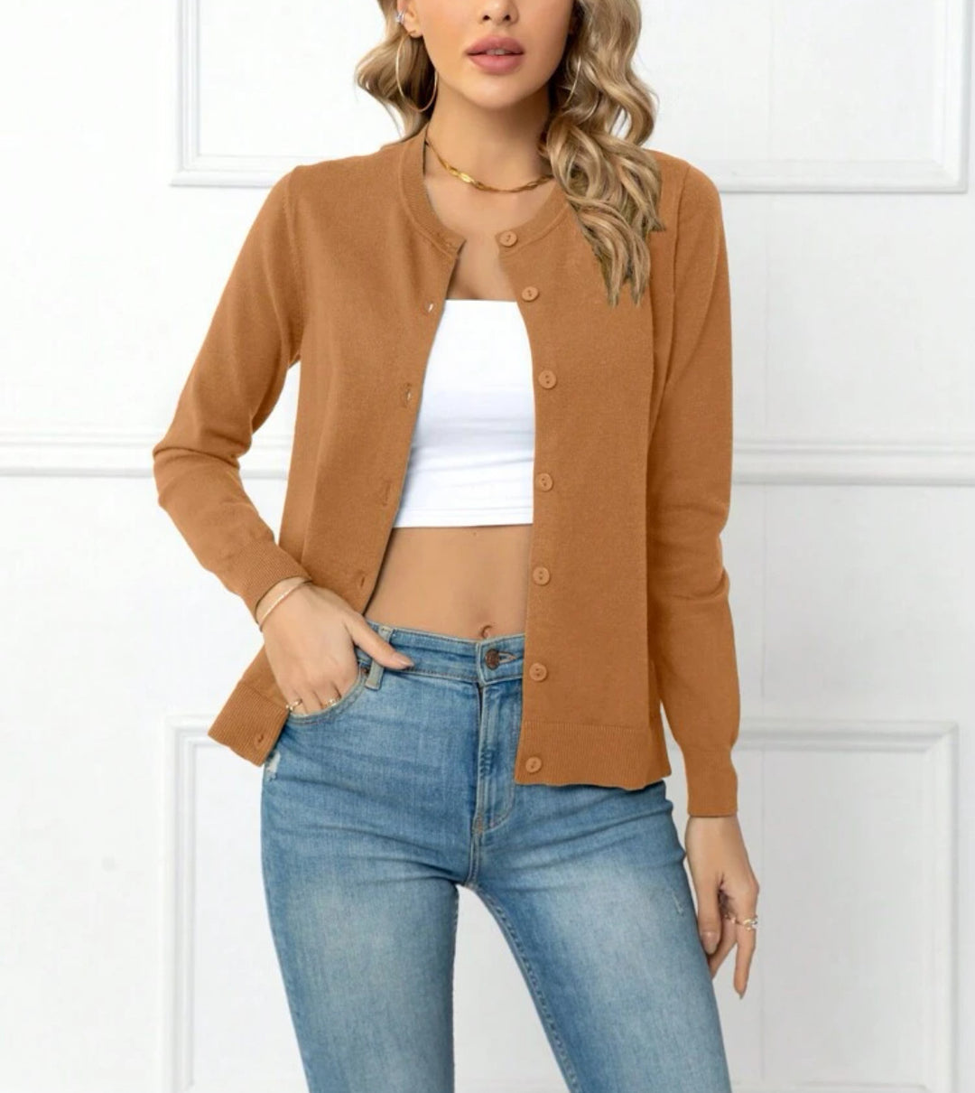 Navy Blue Crew Neck Button-Down Knit Cardigan