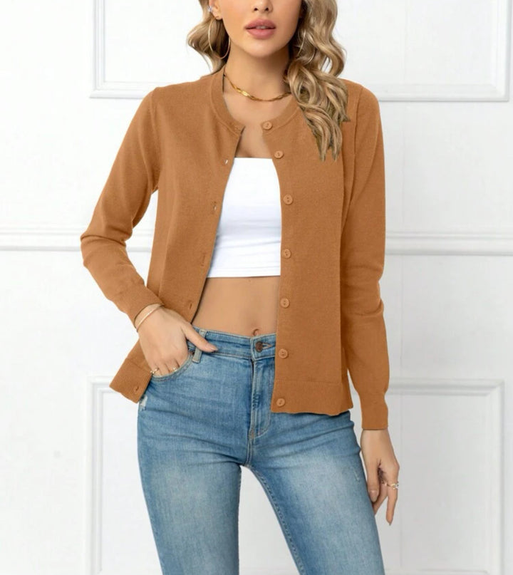 Navy Blue Crew Neck Button-Down Knit Cardigan