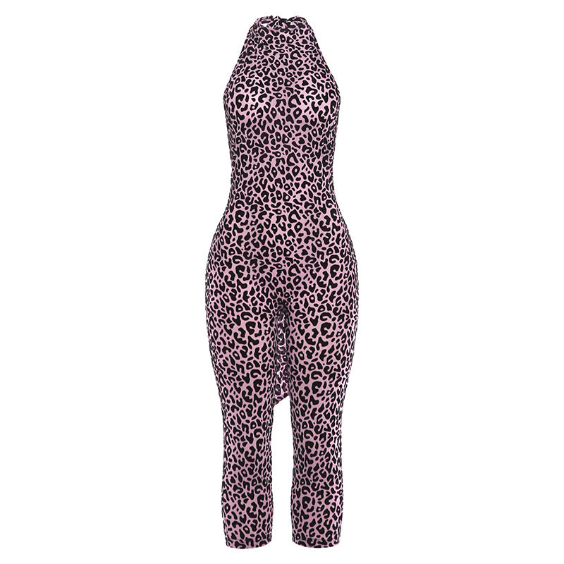 Leopard Print Halter Neck Bodycon Jumpsuit, Sleeveless Form-Fitting Catsuit for Women