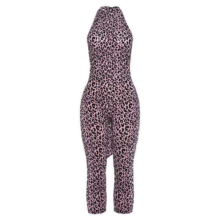 Leopard Print Halter Neck Bodycon Jumpsuit, Sleeveless Form-Fitting Catsuit for Women