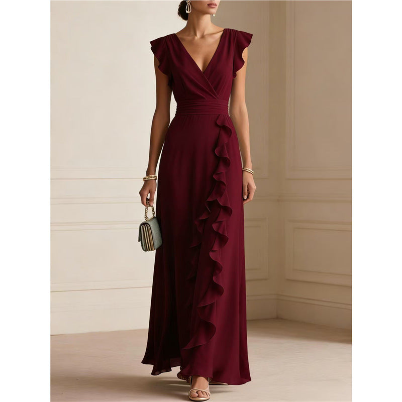 Ruffle Trim V-Neck Evening Maxi Dress
