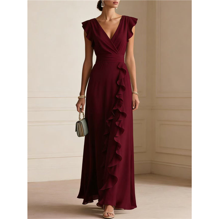Ruffle Trim V-Neck Evening Maxi Dress