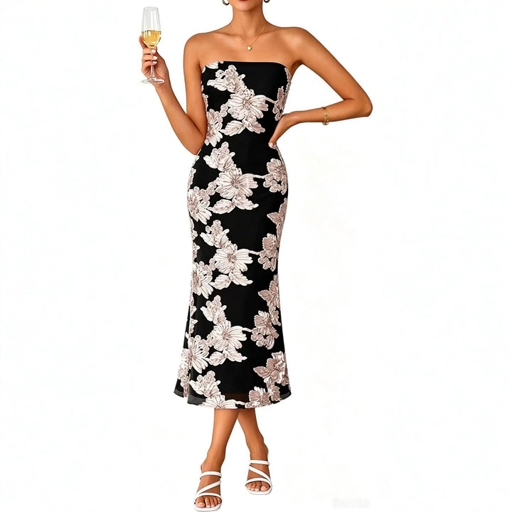 Light Blue Floral Strapless Midi Dress