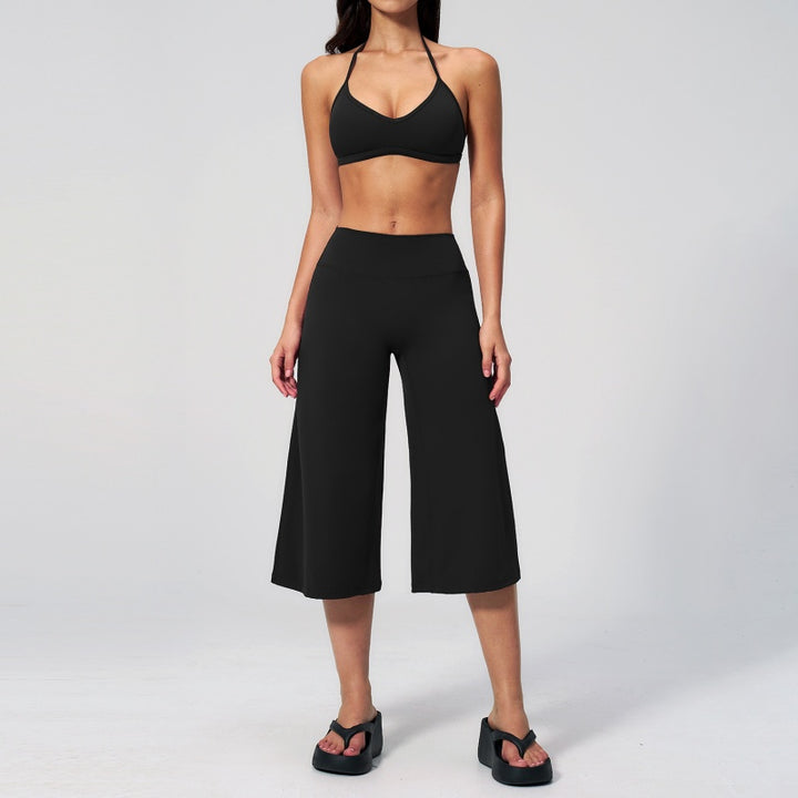 Halter V-Neck Crop Top High-Waist Culotte Pants Two-Piece Set