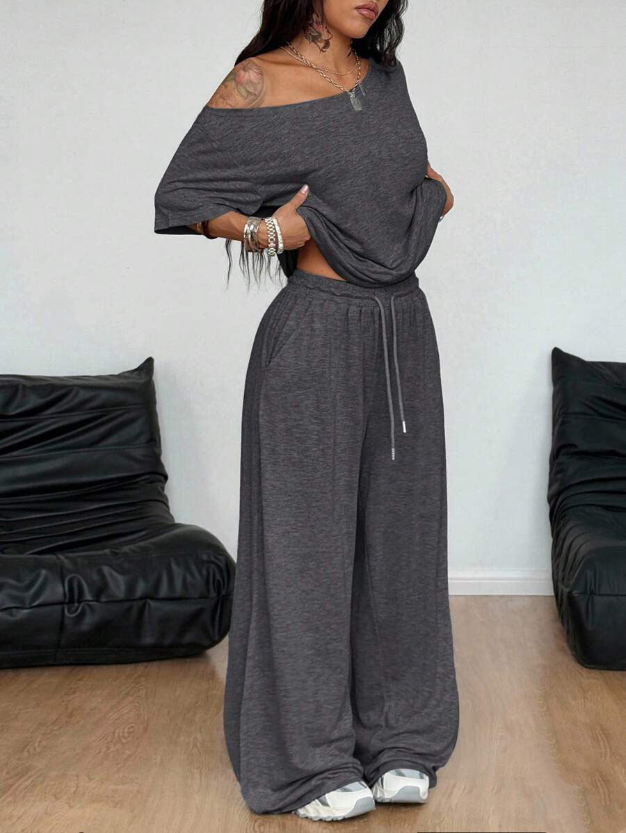 Off-ShoulderTop &amp;amp; Wide Leg Pants Loungewear Set