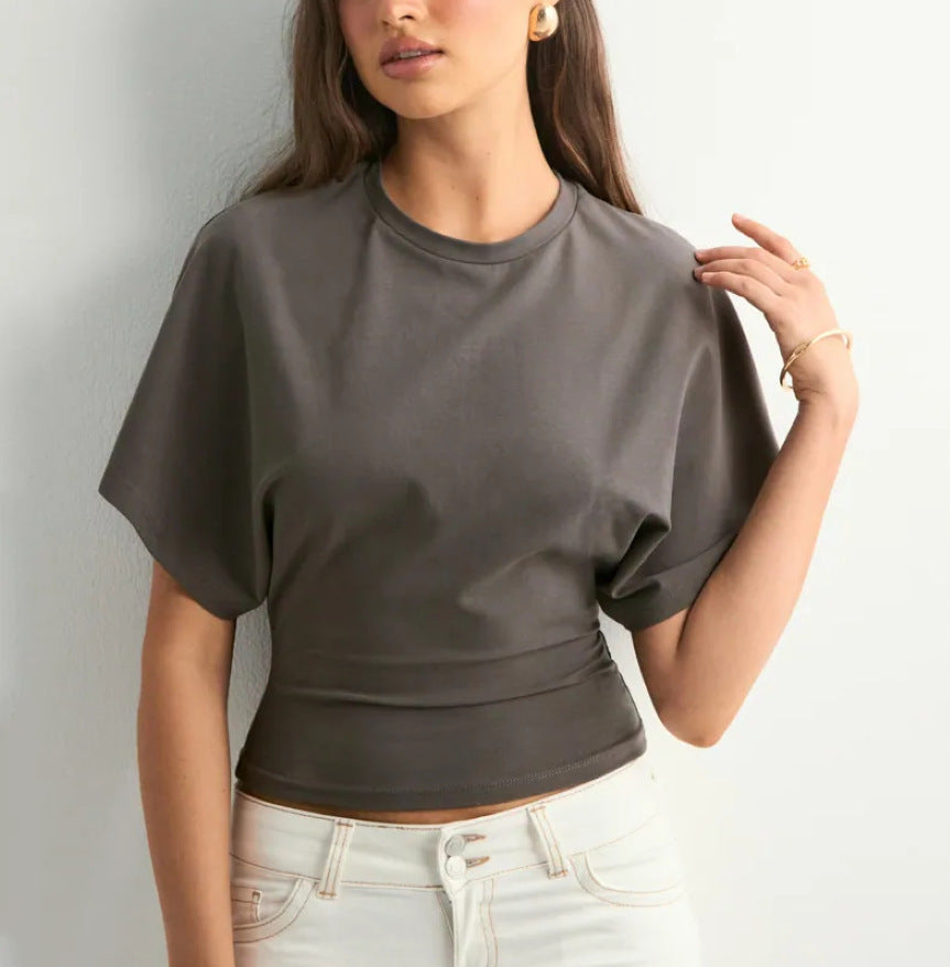 Asymmetric Batwing Sleeve Cropped Tee, Ruched Waist Fitted T-Shirt