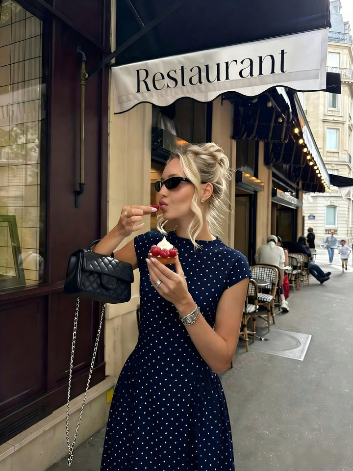 White Polka Dot Cap Sleeve Fit-and-Flare Midi Dress