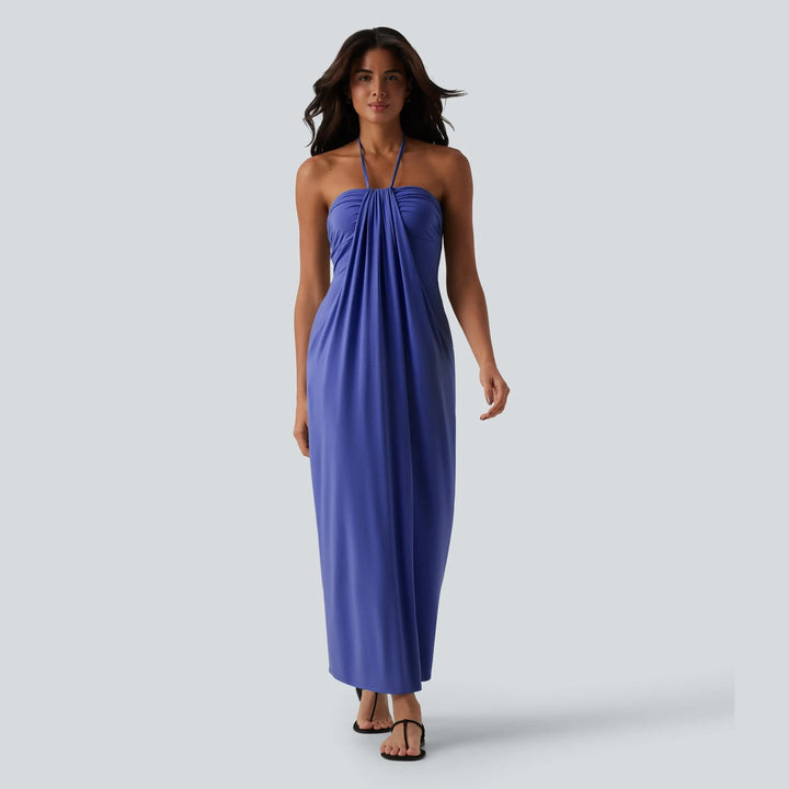 Draped Halter Neck Soft Jersey Midi Slip Dress in Pale Sky Blue