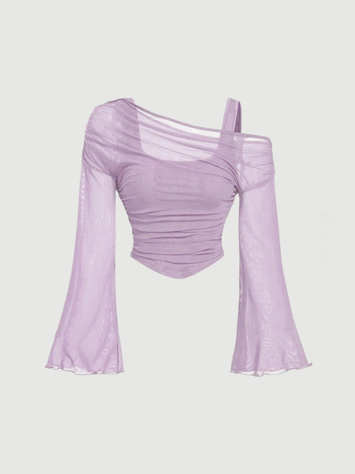 Off-Shoulder Mesh Flare Sleeve Cropped Top