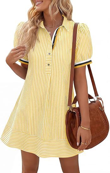 Blue and White Striped Puff Sleeve Shirt Dress