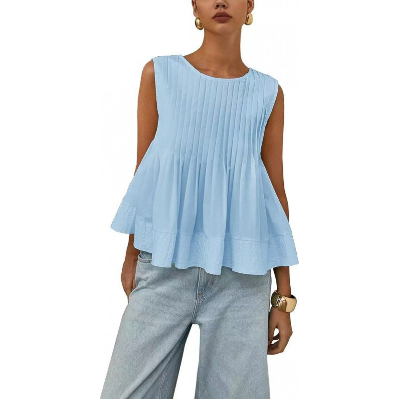 Pleated Peplum Sleeveless Blouse, Round Neck Flowy Summer Top