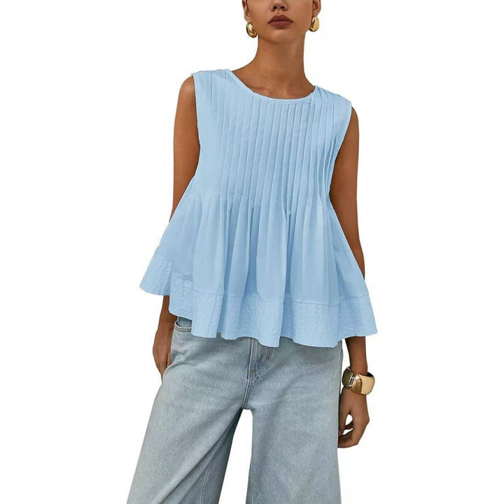 Pleated Peplum Sleeveless Blouse, Round Neck Flowy Summer Top