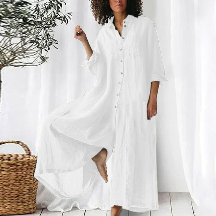 Oversized Black Linen Blend Button Down Maxi Shirt Dress With Side Pockets