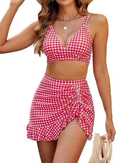 Red Gingham 2-Piece Swim Skirt Set, V-Neck Bikini Top with Ruched Skirt Bottom