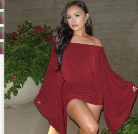 Off-Shoulder Flare Sleeve Ruched Mini Dress