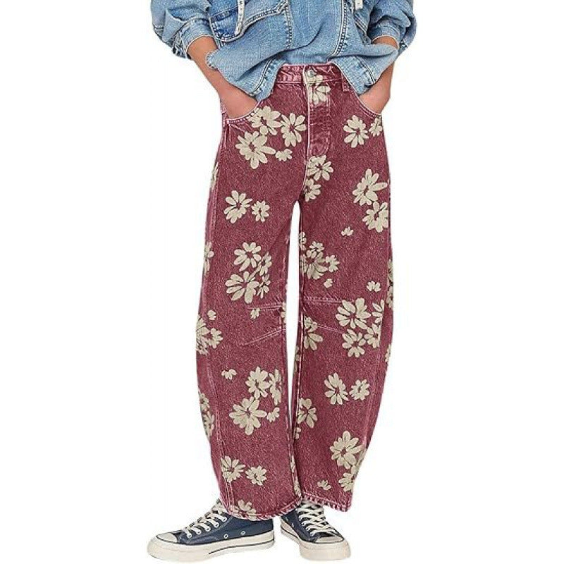 Women Y2k Distressed Barrel Jeans Baggy Wide Leg Jeans Floral Printed Boyfriend Patchwork Denim Pants