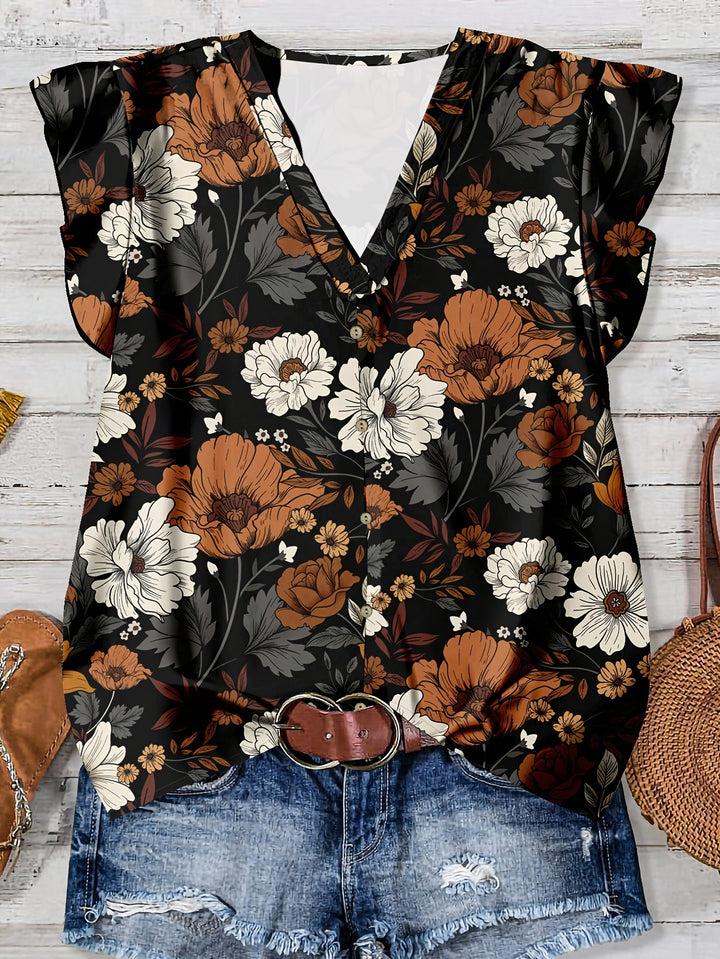Watercolor Floral Print V-Neck Ruffle Sleeve Blouse