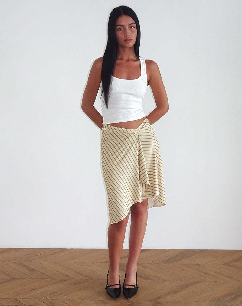 Beige Diagonal Stripe Asymmetric Midi Skirt