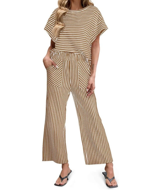 Womens Striped 2 Piece Sets Short Sleeve T Shirts Wide Leg Pants Matching Lounge Set with Pockets