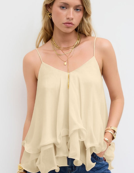 Mother’s Day Blush Pink Ruffle Cami Top | V-Neck Chiffon Tie-Back Babydoll Tank