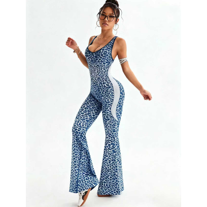 Leopard Print Seamless Flare Jumpsuit