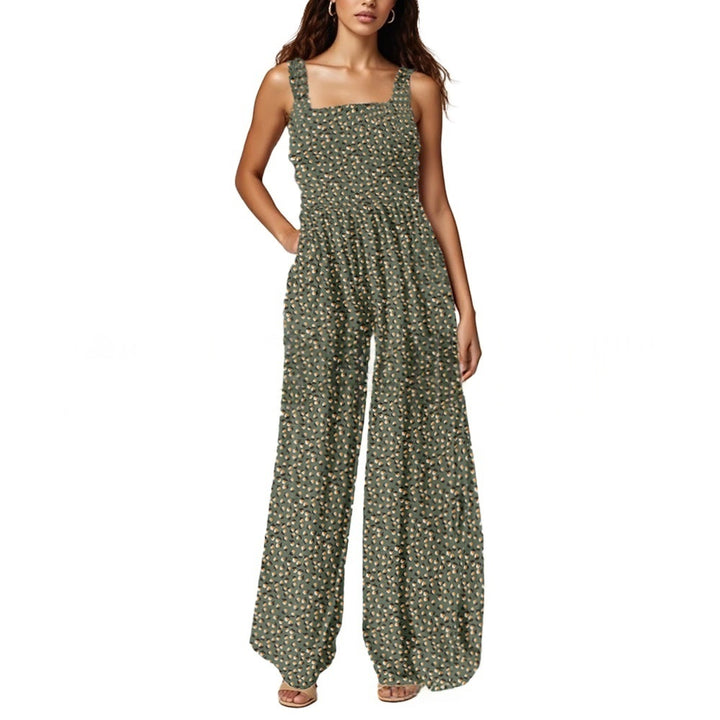 Floral Print Square Neck Smocked Wide-Leg Jumpsuit, Sleeveless Summer Jumpsuit