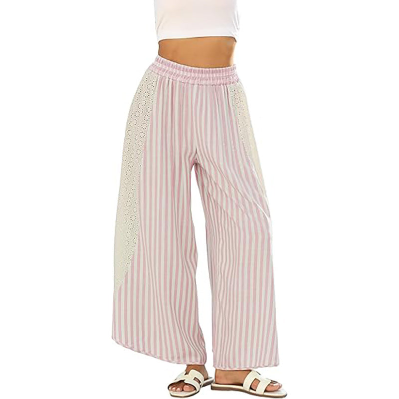 Striped Wide Leg Pants with Crochet Lace Side Panels
