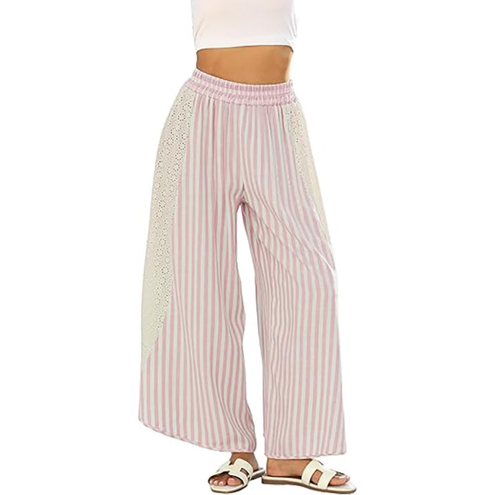 Striped Wide Leg Pants with Crochet Lace Side Panels