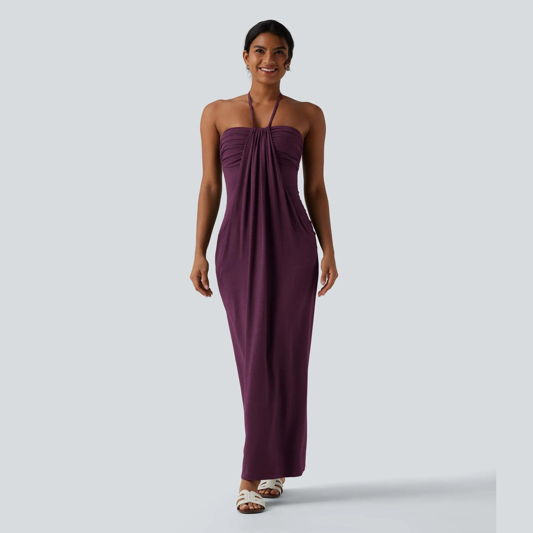 Draped Halter Neck Soft Jersey Midi Slip Dress in Pale Sky Blue