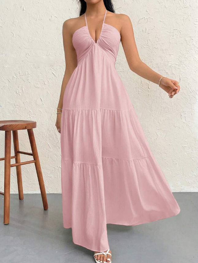 Halter Deep V Open Back Tiered Maxi Dress