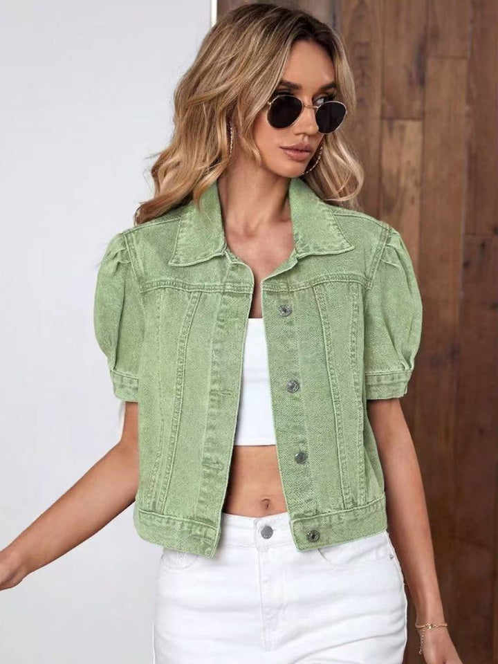 Puff Sleeve Cropped Denim Jacket