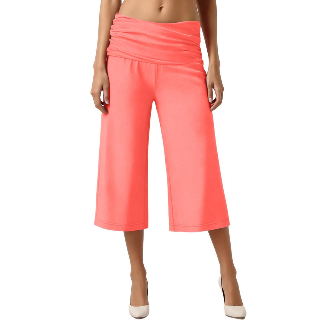Fold-Over Waist Capri Pants, Soft Stretch Casual Cropped Trousers