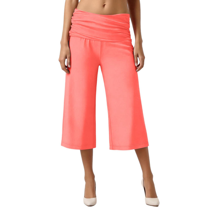 Fold-Over Waist Capri Pants, Soft Stretch Casual Cropped Trousers