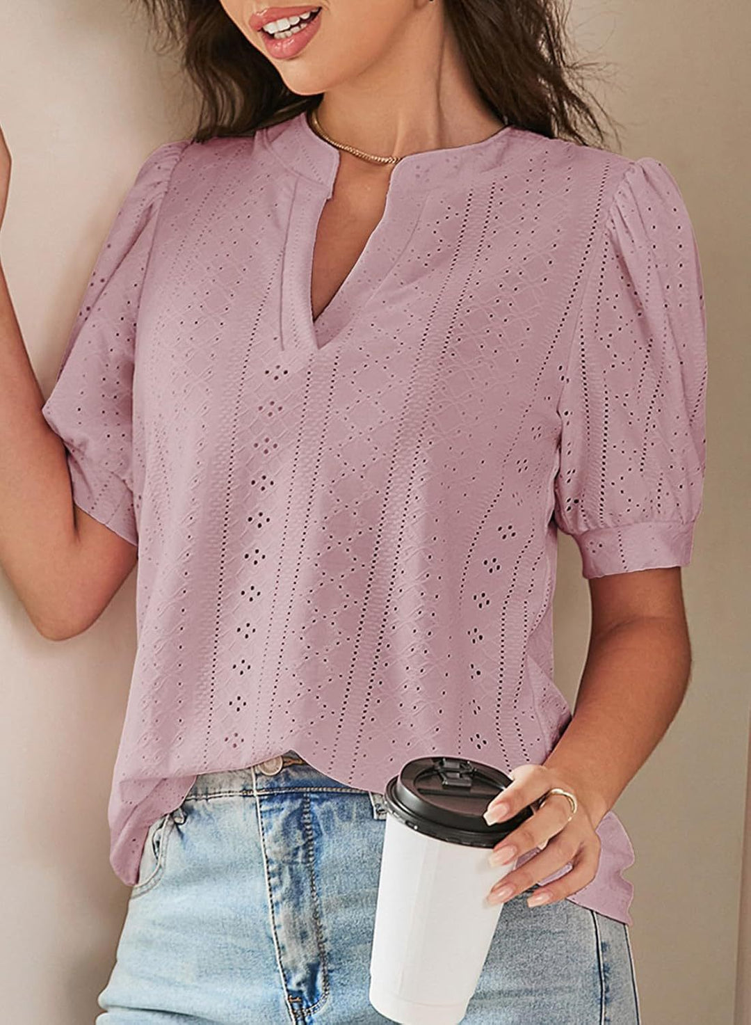 Eyelet Puff Sleeve Split Neck Blouse