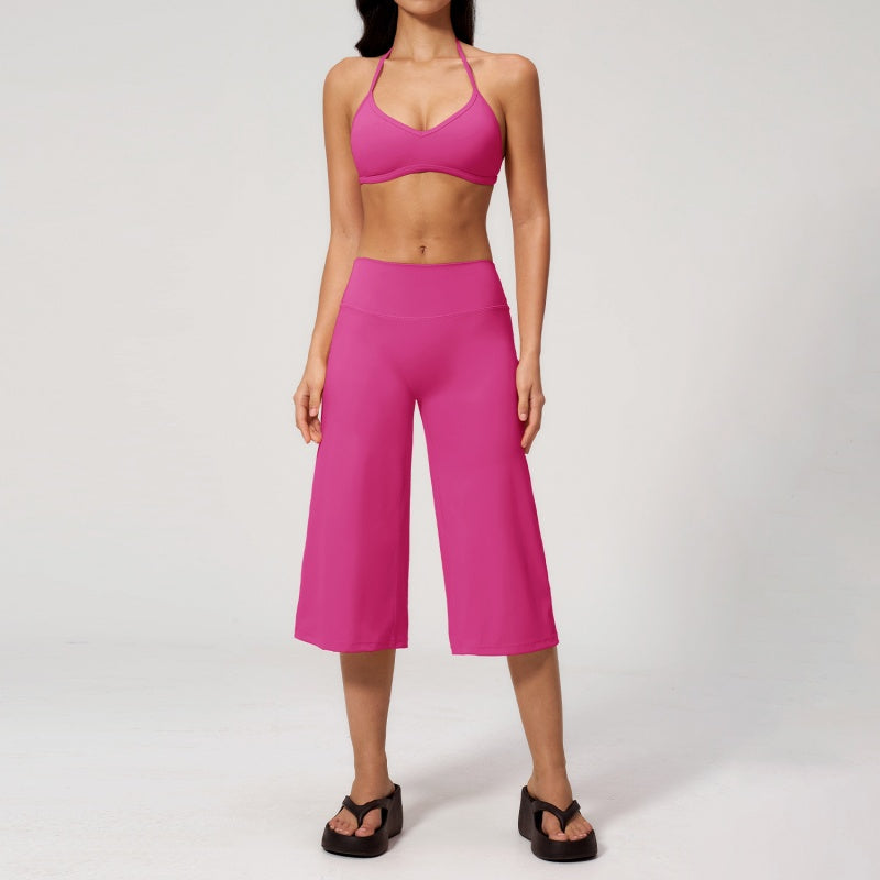 Halter V-Neck Crop Top High-Waist Culotte Pants Two-Piece Set