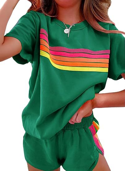 Green Rainbow Stripe Tee &amp;amp; Shorts Loungewear Set