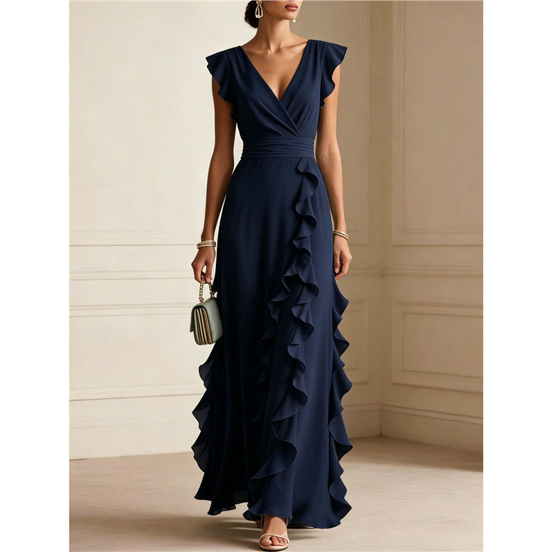 Ruffle Trim V-Neck Evening Maxi Dress