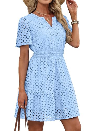 Eyelet Embroidery Short Sleeve Mini Dress, Smocked Waist Casual Summer Dress
