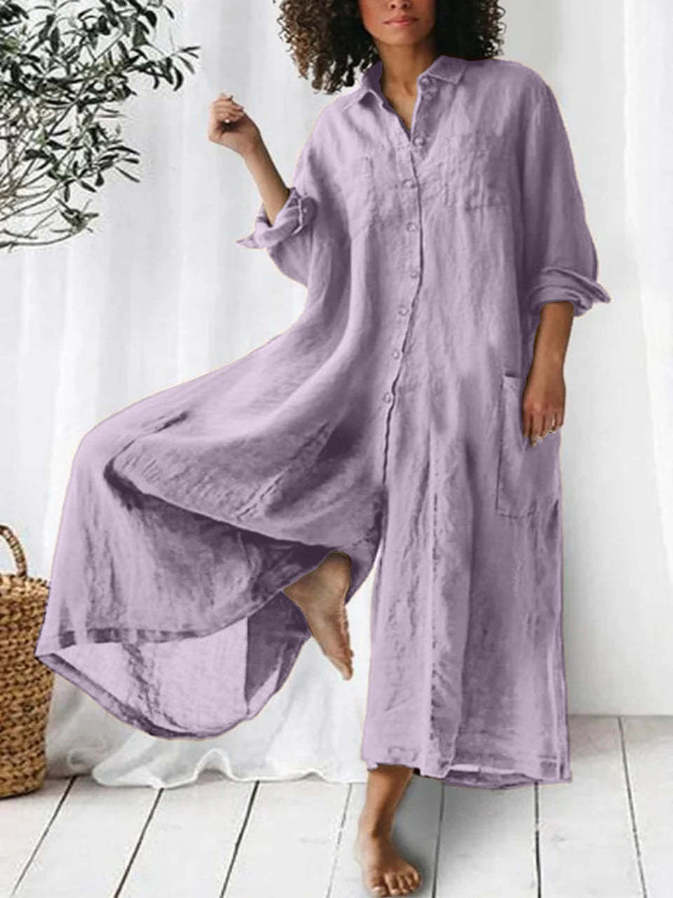 Oversized Black Linen Blend Button Down Maxi Shirt Dress With Side Pockets