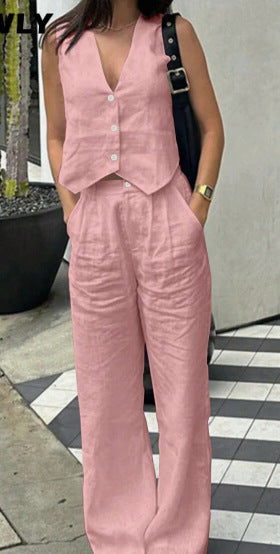 V-Neck Vest &amp; Wide-Leg Pants Two-Piece Set, Casual Loungewear Set for Women