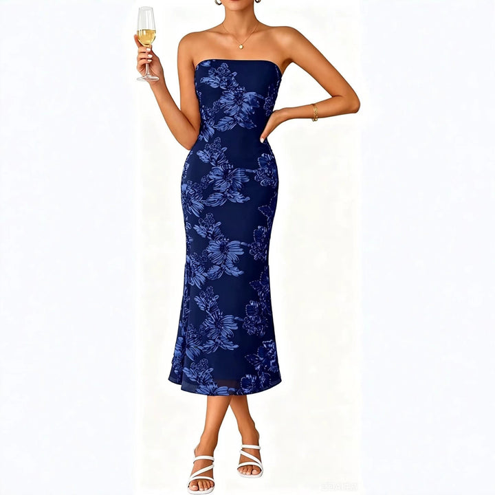 Light Blue Floral Strapless Midi Dress