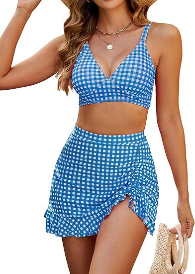 Red Gingham 2-Piece Swim Skirt Set, V-Neck Bikini Top with Ruched Skirt Bottom