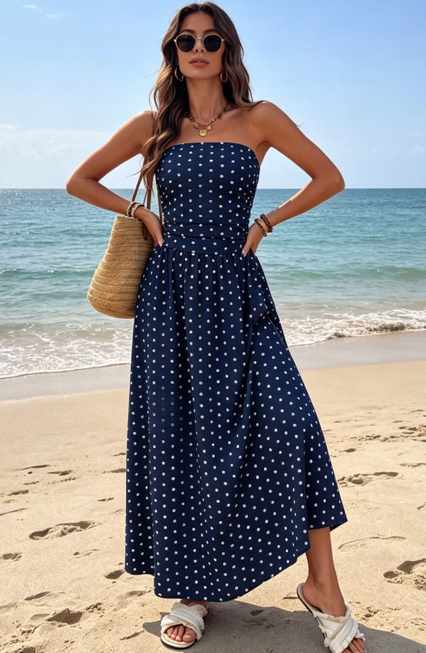 White Polka Dot Strapless Ruched Maxi Dress