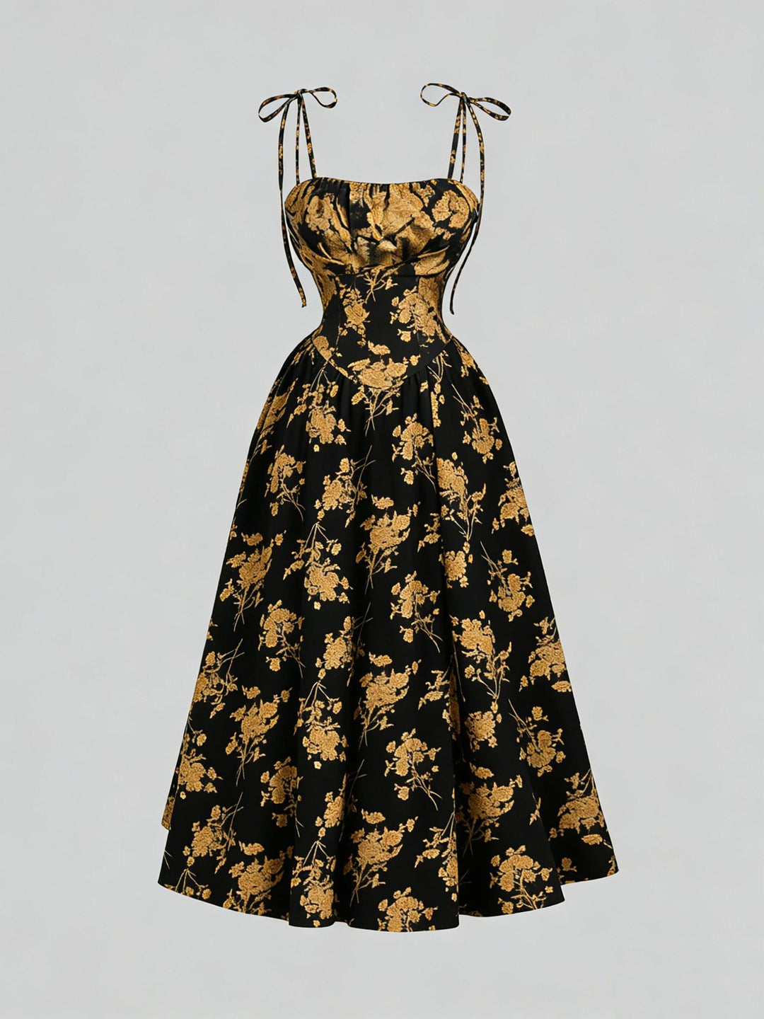 Black Floral Tie-Strap Midi A-Line Dress