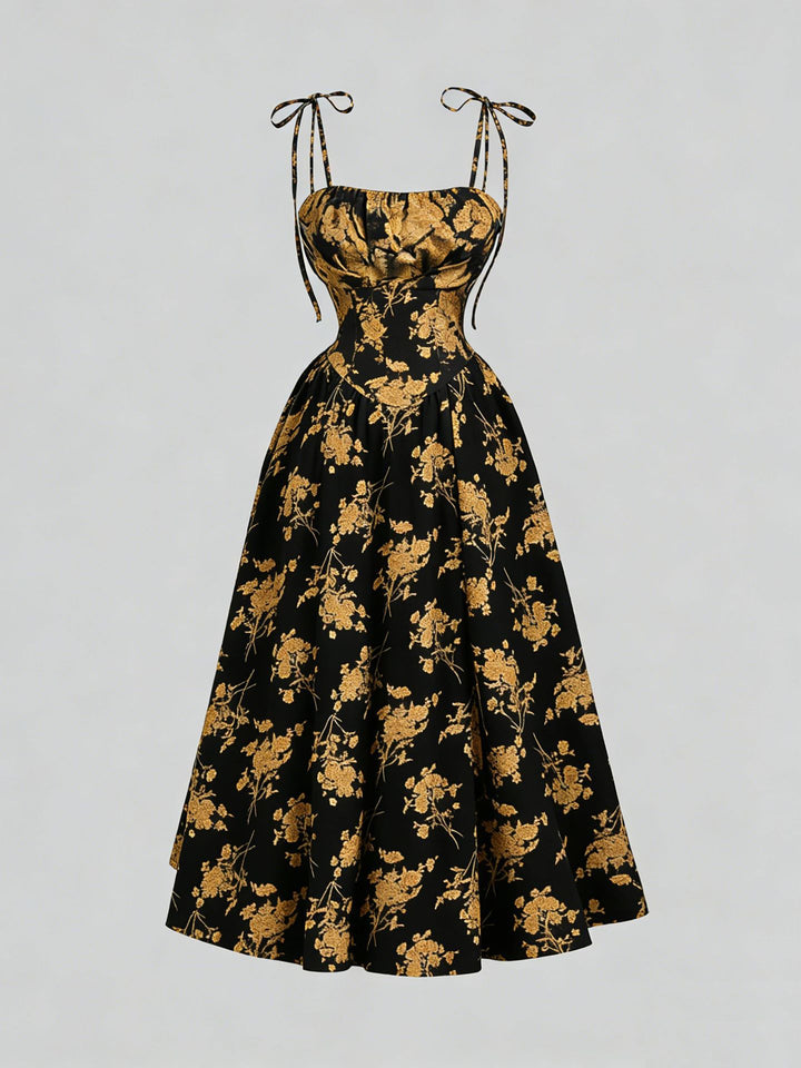 Black Floral Tie-Strap Midi A-Line Dress