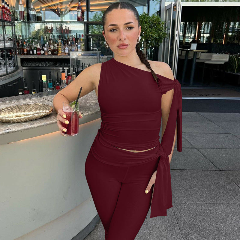 One-Shoulder Tie-Detail Two-Piece Set | Bodycon Crop Top &amp;amp; Capri Leggings Outfit