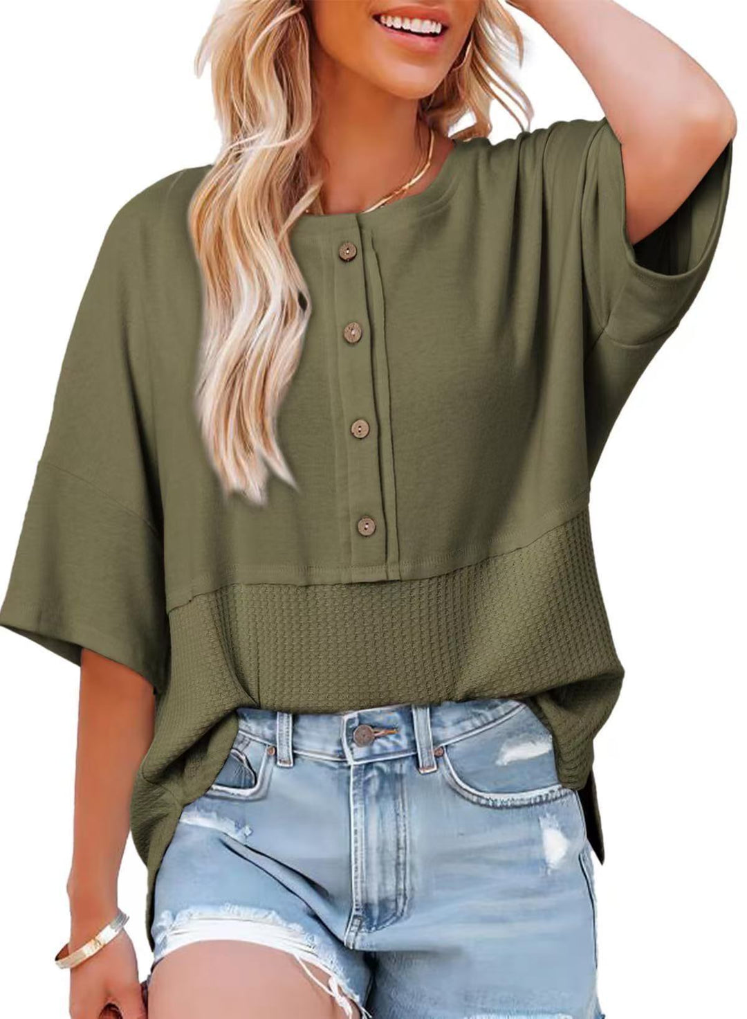 Olive Waffle Knit Henley Short Sleeve Top