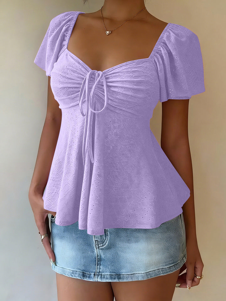 White Eyelet Square Neck Peplum Blouse with Tie Detail