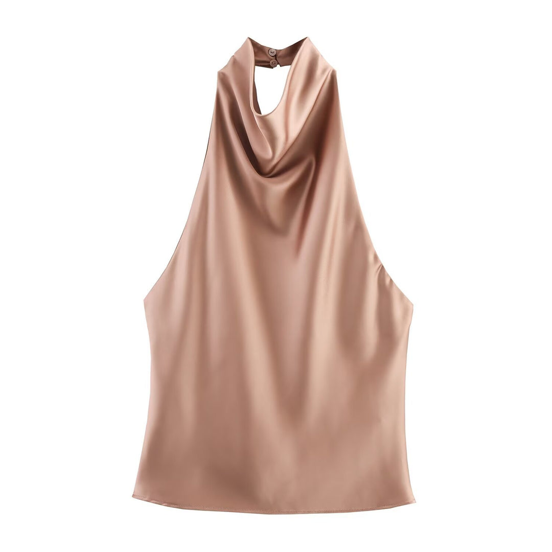 Chocolate Brown Cowl Neck Satin Halter Top, Elegant Sleeveless Blouse for Women